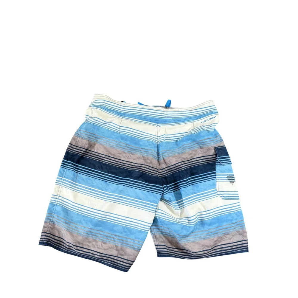 Under Armour HeatGear Board Shorts Size 36 Blue White Striped Swim EUC